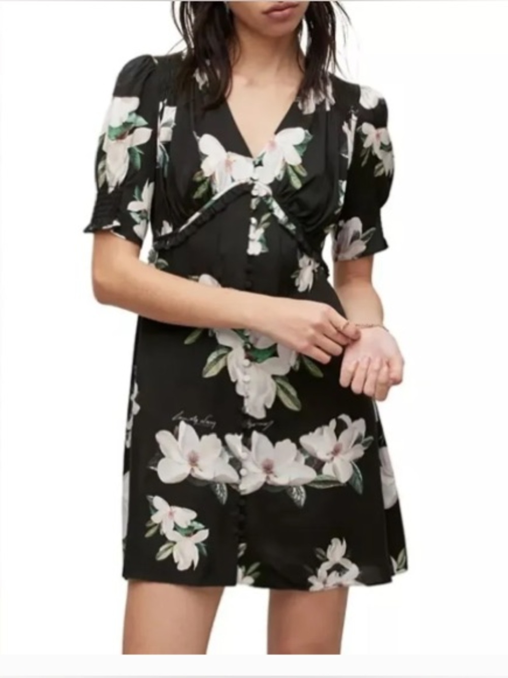 AllSaints Black Floral Mini Dress with Puff Sleeves
